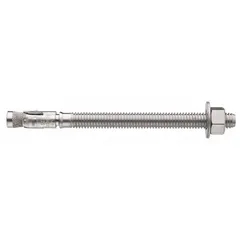 18-8 stainless steel wedge anchor with 3/8" diameter, 3/8"-16 thread size, and 3 3/4" thread length. Supplied in a 50-pack for concrete and masonry fastening applications.
