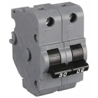 This 2-pole miniature circuit breaker is rated 30 A at 120/240V AC with a 10kA interrupting capacity. It is 2 inches wide and provides overcurrent and short-circuit protection for branch circuits in electrical distribution systems