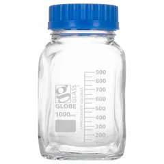 This 1 L glass media bottle features a colorless body and a wide mouth with a GL80 screw-on closure. The closure is included. It is manufactured under ISO 9001 standards. Suitable for storing, mixing, and dispensing liquid media, buffers, and reagents in laboratory settings.
