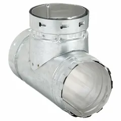 This 4-inch duct tee is constructed with an outer galvanized steel shell and an inner aluminum liner for corrosion resistance. It features an interlocking bracket connection and is designed for Category I venting applications in residential or light commercial heating systems.