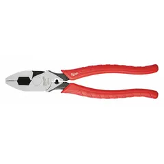 Standard lineman's pliers with a flat jaw design, 9-inch overall length, 1 5/8-inch jaw length, 1 3/4-inch jaw width, and 5/8-inch jaw thickness. Features a wire crimper and ergonomic handle. Used for cutting, twisting, and gripping wire in electrical and industrial maintenance applications.
