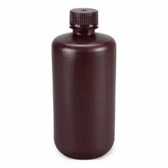 This 500 mL (16.9 fl oz) HDPE narrow mouth round lab bottle features an amber body that helps protect light-sensitive contents. It includes a 28 mm screw closure, which is packaged separately and unlined. Suitable for general laboratory storage of liquids and chemicals.