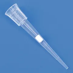 Sterile, single-use pipette tip made of clear polypropylene with a built-in filter. Autoclavable and designed for universal pipettes. Supplied in a preconfigured rack. Used for precise liquid handling in applications requiring contamination control.