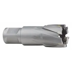 Carbide-tipped annular cutter with a bright finish and Weldon Flat shank. Cuts precise holes in tough materials. Max cutting depth of 2 in. Suitable for metal fabrication and structural steel work.