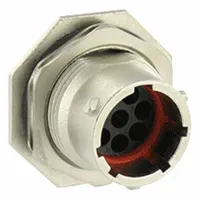 Jam nut receptacle from the Trim Trio UTO series with 8 male contacts, rated 10 A and 125V (IEC). IP68/IP69K rated for harsh environments, with 1/3 bayonet coupling and wire range 30 AWG to 14 AWG. Contacts not included. Suitable for industrial applications requiring sealed connections in wet or dusty conditions