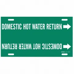Green pipe marker with white legend reading 'Domestic Hot Water Return' and directional arrows. Fits pipe outer diameters from 8 to 9-7/8 inches. Used to identify domestic hot water return lines in plumbing systems for clear visual indication of pipe contents.