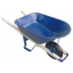 This wheelbarrow features a steel tray and a hardwood frame, with a single flat-free polyurethane foam wheel that requires no air maintenance. It has a 6 cubic foot maximum volume capacity and a 286 pound maximum load capacity, suitable for transporting bulk materials such as soil, gravel, or debris.