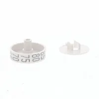 White plastic external vertical mount set point adjustment dial with holding screw. Used as a replacement knob for compatible pneumatic thermostats in HVAC systems. Includes one dial and screw