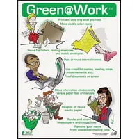This poster is designed to promote environmental awareness and eco-friendly practices in workplaces and public areas. It measures 22 inches by 16 inches, is printed in English, and has no protective coating. The poster does not include a frame and does not have a write-on surface