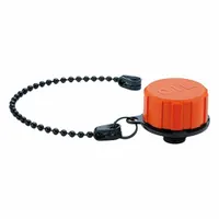 Tethered filter breather vent with 40 micron filtration, gray splash guard, and 200 mm black POM-based technopolymer tether. Polyamide body with 3/4" BSPP thread. Used on hydraulic reservoirs, gearboxes, and fluid power systems to equalize pressure and filter incoming air