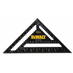 Aluminum rafter square with 12-inch length, featuring scribe line notches for marking rip cuts and a 1/8-inch scale. Used for layout and marking of angles and cuts in carpentry and construction tasks.