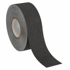 This medium-traffic antislip tape is a continuous roll of solid black rubber with a coarse 60-grit abrasive surface. It features a pressure-sensitive adhesive and is chemical-resistant, meeting MIL specifications for indoor and outdoor use. Suitable for reducing slip hazards on stairs, ramps, walkways, and industrial floors.
