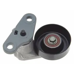 Self-adjusting belt tensioner for maintaining proper tension on serpentine or accessory drive belts in light-duty vehicle engines. Features a single steel pulley and steel construction. Suitable for automotive and small equipment applications where belt slippage prevention and extended belt life are required.
