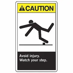 Set of five adhesive vinyl caution signs, each measuring 5 in x 3 1/2 in with a thickness of 0.02 in. The signs display the message 'Avoid Injury. Watch Your Step.' and are designed for mounting on clean, dry surfaces to alert personnel of trip hazards or floor-level risks in industrial environments. Not retroreflective, not glow-in-the-dark, and without anti-slip surface.