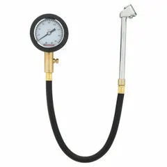 Analog dial tire pressure gauge with a rubber body. Measures pressure in 1 psi increments. Suitable for checking and maintaining tire pressure on vehicles, equipment, and machinery in fleet maintenance and workshop settings.