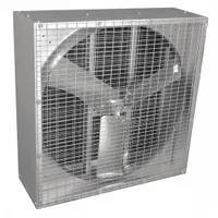 This Dayton box exhaust fan features a 36-inch blade and a 3/4 hp totally enclosed air-over motor, operating on 115/208-230V AC single-phase power. It ships unassembled. Typical applications include ventilation in barns, greenhouses, and livestock facilities to control temperature and humidity