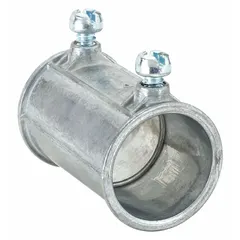 This set screw conduit coupling is used to join two lengths of EMT conduit in electrical raceway systems. It features a gray finish, measures 2 1/2 inches overall length, and has a 1 1/4 inch trade size. The coupling is CSA certified.