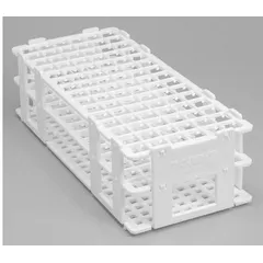 This white plastic test tube rack is designed for benchtop use in laboratory settings. It measures 4 1/8 inches wide, 2 3/4 inches high, and 9 3/4 inches long, with a total holding capacity of 90 places. The rack provides organized storage and secure placement of test tubes during experiments or sample handling.