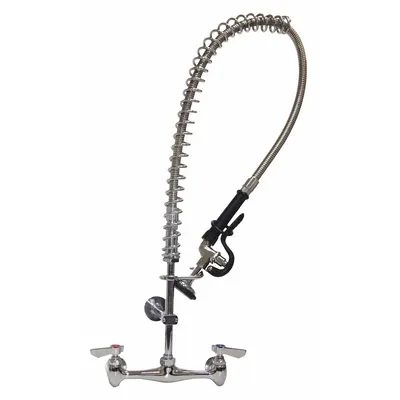 Keran Bilas Awal DOMINION COMMERCIAL FAUCETS: Dinding, 2 Lubang Pemasangan, Kuningan, Krom - Pre-Rinse Faucets with Spray Spring Hose