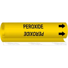 Yellow wrap-around pipe marker with black legend 'Peroxide' and directional arrows. Fits pipe outer diameters from 2-1/2 to 7-7/8 inches. Used to identify pipe contents in industrial facilities for safety and compliance.