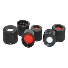 Black polypropylene screw-on cap with PTFE/silicone liner, featuring an 8-425 mm screw closure size. Autoclavable for sterilization. Suitable for sealing laboratory or industrial containers requiring a vented or pierceable closure.