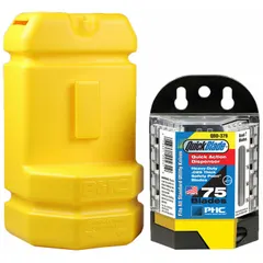 Yellow plastic blade disposal container designed for post-mount installation. Holds approximately 750 used utility blades for safe storage and disposal. Suitable for use in warehouses, manufacturing facilities, and maintenance shops to reduce cut-risk injuries.
