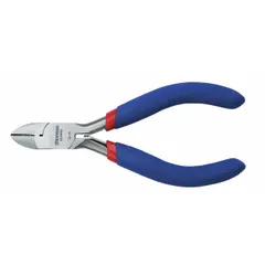 These flush-cut pliers feature a narrow jaw design with 1/2 in jaw length and width, and an overall length of 5 1/2 in. They are suited for cutting soft wire and components in confined spaces, such as in electronics assembly or fine mechanical work, where a clean, flat cut is required.