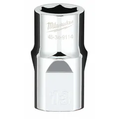 This 1/2 in drive, 13 mm, 6-point standard socket features a chrome finish. Its anti-roll hex design prevents the socket from rolling on sloped surfaces, enhancing safety during use. Suitable for tightening or loosening metric fasteners in general mechanical and automotive tasks.