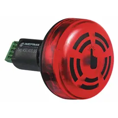 This WERMA buzzer alarm with steady light operates at 24V DC and uses LED technology. It features positive and negative control logic, screw terminal connection, and a wall-mount design. Typical applications include machinery status indication, process control alerts, and safety warnings in industrial environments.