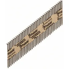 Collated framing nails for use in pneumatic nailers. 2 3/8" length, offset round head, smooth shank, steel construction with plain finish and diamond point. Packaged 5,000 per box. Suitable for structural framing, sheathing, and decking applications.