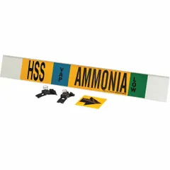 This ammonia pipe marker is a fiberglass carrier mounted with strapping, designed for low-pressure vapor (VAP) lines in ammonia piping systems. It fits pipe outer diameters of 8 inches and larger, includes directional arrows, and is marked with IIAR System Abbreviation HSS. Supplied as one marker.