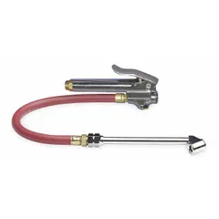 In-line single-tire inflator gauge with rubber construction and 1/4 in thread size. Designed for inflating and checking pressure on individual tires in automotive, truck, and industrial maintenance settings.