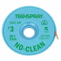 Desoldering braid with no-clean flux for removing solder from electronic assemblies. Size #3, 0.075 in width, 10 ft length, green color, ESD-safe. Suitable for rework and repair of printed circuit boards
