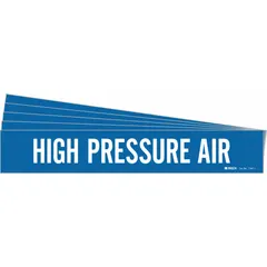 Blue adhesive pipe marker with white legend text reading 'High Pressure Air'. Fits pipe outer diameters from 2-1/2 to 7-7/8 inches. Supplied without directional arrows. Sold in a pack of 5. Used to identify high-pressure air piping systems in industrial facilities.