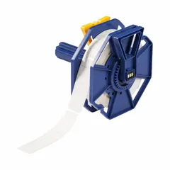 This precut label roll contains 1000 labels measuring 1/2 in x 1 in, featuring an acrylic permanent adhesive and an inkjet print-receptive surface. Designed for use with the J7300 printer series, it is suitable for industrial labeling applications such as asset tags, cable markers, and panel labels.