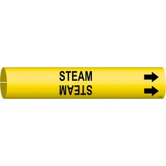 Yellow pipe marker with black 'Steam' legend and directional arrows. Snap-on design fits pipe outer diameters of 4 to 6 inches. Used to identify steam piping in industrial facilities, supporting clear hazard communication and safe operations.