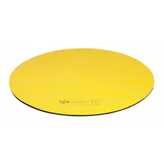 This self-sealing drain cover seal is a 30-inch diameter circle made of polyurethane, 5/16 inch thick, in black and yellow. It fits a maximum drain size of 24 inches. Used to temporarily block drains and prevent spills, leaks, or debris from entering drainage systems in industrial and maintenance settings.