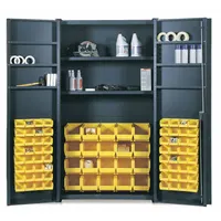 This assembled steel cabinet features a gray powder-coated finish and includes 8 shelves and 78 bins, of which 20 are yellow deep boxes measuring 7 in x 8-1/4 in x 14-3/4 in. Designed for organized storage of small parts, hardware, and tools in workshops, warehouses, and manufacturing facilities