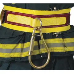 Nylon webbing rescue belt with steel tongue buckle, designed for waist sizes 40 to 46 inches. Meets NFPA 1983 standards. Used for securing personnel during ladder descent or emergency evacuation from elevated structures.