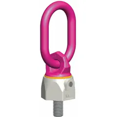 This rotate-under-load hoist ring is constructed of steel with a pink powder-coated bail. It features an M24-3 thread size and a maximum lifting capacity of 7,700 lb. The pivot/swivel design allows the bail to align with the load direction, reducing side-load stress on the threaded connection. Suitable for overhead lifting and load handling in industrial settings.