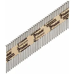 Collated framing nails designed for use with pneumatic nailers in structural framing, sheathing, and truss assembly. Each nail features a 2-3/8" length, offset round head, ring shank for enhanced holding power, steel construction, plain finish, and diamond point. Supplied in a 5,000-count pack.