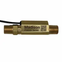 Brass piston-type flow switch with 3/8 in NPT connections for 3/8 in pipe size. Fixed set point, normally open SPST switch rated 0.28 A at 24V DC. Used to detect liquid flow in industrial piping systems for applications such as HVAC, water treatment, and process control
