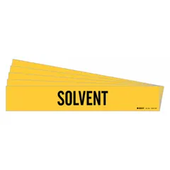 Solvent adhesive pipe marker for identifying pipe contents in industrial facilities. Fits pipes with an outer diameter of 8 inches and larger. Yellow background with black legend text reading 'Solvent'. Pack of 5 markers, no directional arrows.