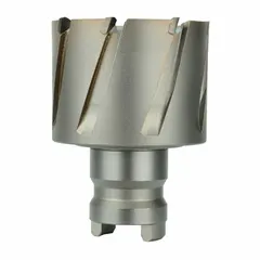This two-piece alternate-tooth annular cutter features carbide tips for cutting precise holes in metal. With a 15/16 in diameter and 1 in maximum cutting depth, it is suited for structural steel fabrication and heavy equipment maintenance. The bright finish and tang shank design ensure compatibility with magnetic drill presses.