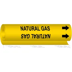 Yellow wrap-around pipe marker with black legend reading 'Natural Gas' and directional arrows. Fits pipe outer diameters from 2-1/2 to 7-7/8 inches. Used to identify natural gas pipelines in industrial facilities, aiding compliance with pipe identification standards.