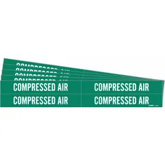 Green adhesive pipe marker with white legend reading 'Compressed Air'. Fits pipe outer diameters from 3/4 to 2-3/8 inches. Pack includes 4 markers without arrows. Used for identifying compressed air lines in industrial piping systems.