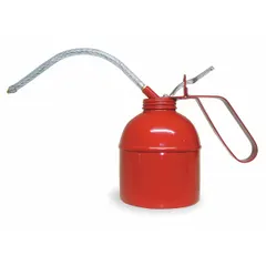 Tin-coated steel body with 8-inch flexible spout. Steel pump with two ball valves delivers controlled oil flow. Stays primed for instant use. For one-handed lubrication of machinery, bearings, and chains.