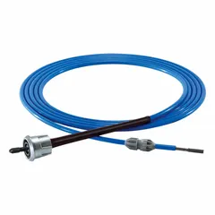 Flexible shaft for heat exchanger cleaning equipment, 25 ft overall length with 8-32 female threaded end. Constructed from nylon and steel, designed for smooth bore tubes. Connects to cleaning tools or motors to rotate inside tubes for removal of fouling, scale, or deposits.