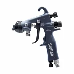 This GRACO HVLP spray gun features a 12-inch aluminum body with a 1/4-inch NPSM air inlet and 8.1 CFM air consumption. It includes a nozzle and is designed for use with enamels, epoxies, paints, and sealers. Typical applications include industrial finishing, automotive refinishing, and woodworking where controlled atomization is required.