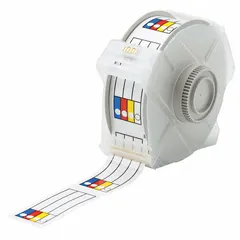 White vinyl precut label rolls with acrylic adhesive, sized 1 1/8 in x 3 in and 3 1/4 in x 1 1/8 in. Compatible with GlobalMark 2 printer series for on-demand printing of color-bar and text-box labels used in industrial identification and hazard communication.